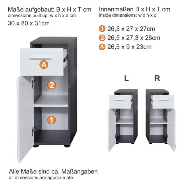 Rootz Bathroom Cabinet - Storage Chest - Vanity Unit - Washroom Drawer - Bathroom Organizer - Furniture Piece - White High Gloss/Smoky Silver - 30x80x