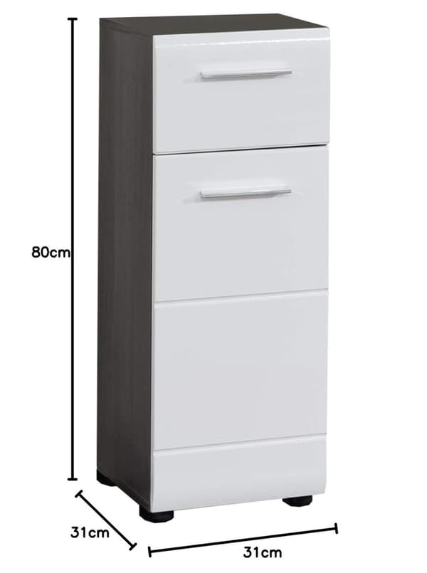Rootz Bathroom Cabinet - Storage Chest - Vanity Unit - Washroom Drawer - Bathroom Organizer - Furniture Piece - White High Gloss/Smoky Silver - 30x80x
