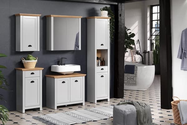 Rootz Stylish Grey Oak Bathroom Drawer Chest - Spacious Bathroom Cabinet with Drawer - Door and Shelf - Light Grey/Artisan Oak - 46x84x33 cm