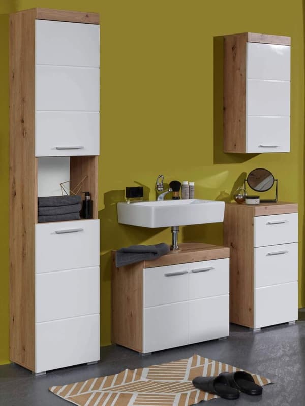 Rootz Bathroom Suite - Washroom Collection - Bath - Vanity - Restroom Set - Facilities Kit - Knotty Oak/White High Gloss - 163 x 190 x 34 cm