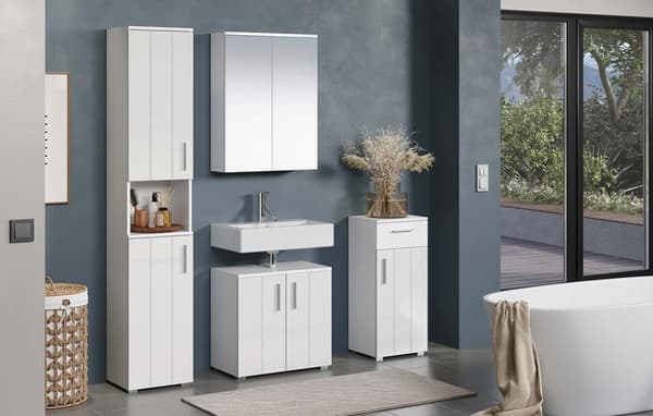 Rootz Vanity Unit - Bathroom Cabinet - Under-Sink Storage - Washstand - Bath Organizer - Sink Console - Base Cabinet - White with High Gloss Finish -