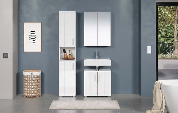 Rootz Vanity Unit - Bathroom Cabinet - Under-Sink Storage - Washstand - Bath Organizer - Sink Console - Base Cabinet - White with High Gloss Finish -