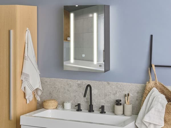 Baderomsspeilskap i svart glass og treverk med LED 40 x 60 cm Moderne Design