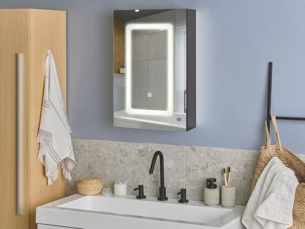 Baderomsspeilskap i svart glass og treverk med LED 40 x 60 cm Moderne Design