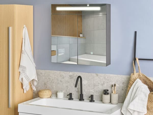 Badeværelsesskab til badeværelse i sort glas og træ med LED 60 x 60 cm Moderne design