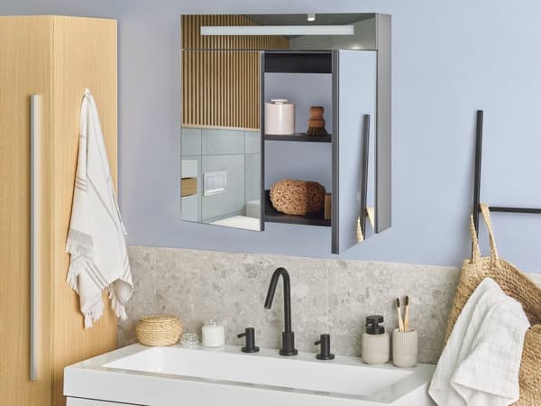 Badeværelsesskab til badeværelse i sort glas og træ med LED 60 x 60 cm Moderne design