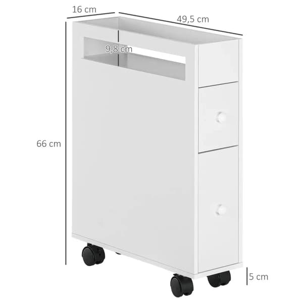 Rootz badeværelsesskab - Slankt design - Rulleskab - To skuffer - Fire hjul - MDF-ramme - Hvid - 16L x 49,5W x 66H cm