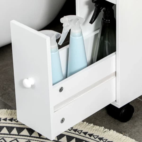 Rootz badeværelsesskab - Slankt design - Rulleskab - To skuffer - Fire hjul - MDF-ramme - Hvid - 16L x 49,5W x 66H cm