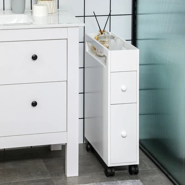 Rootz badeværelsesskab - Slankt design - Rulleskab - To skuffer - Fire hjul - MDF-ramme - Hvid - 16L x 49,5W x 66H cm
