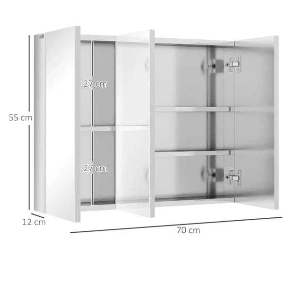 Rootz Spegelskåp - Badrumsskåp - 3 spegeldörrar - 5 invändiga hyllor - Rostfritt stål - Silver - 70 x 12 x 55 cm