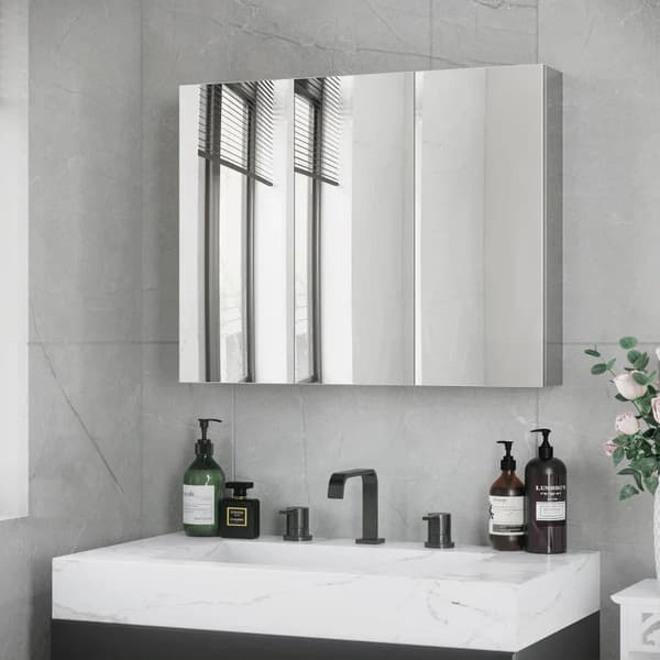 Rootz Spegelskåp - Badrumsskåp - 3 spegeldörrar - 5 invändiga hyllor - Rostfritt stål - Silver - 70 x 12 x 55 cm