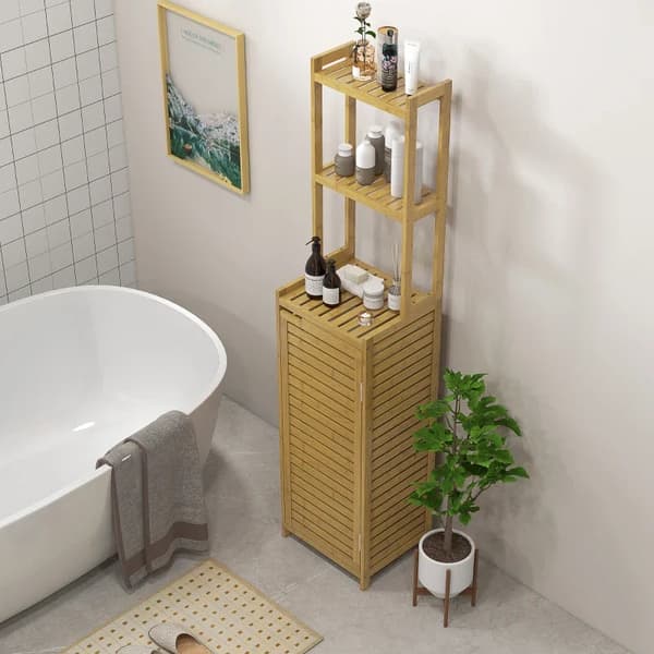 Rootz Kylpyhuoneen hylly - WC-hylly - 3 hyllyä - 1 kaappi - Vedenkestävä - Bambu - Luonnollinen - 38,5 cm x 33 cm x 170 cm