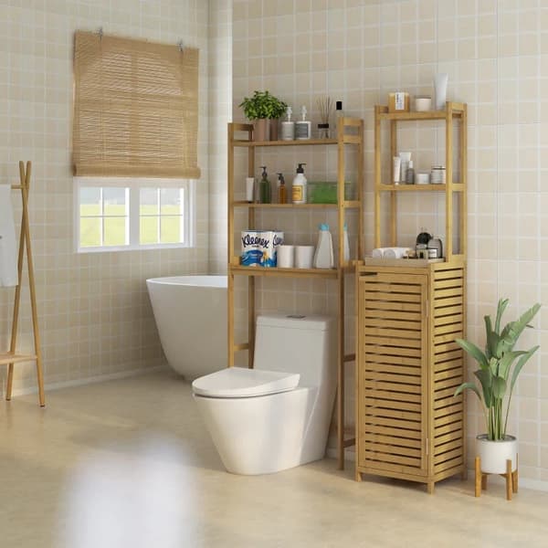 Rootz Kylpyhuoneen hylly - WC-hylly - 3 hyllyä - 1 kaappi - Vedenkestävä - Bambu - Luonnollinen - 38,5 cm x 33 cm x 170 cm