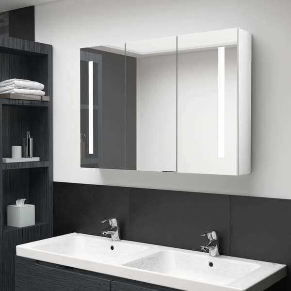 vidaXL badeværelsesskab med spejl + LED-lys 89x14x62 cm skinnende hvid -  Badeværelsesborde