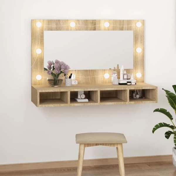 vidaXL Peilikaappi LED-valoilla Sonoma-tammi 90x31,5x62 cm -  Kylpyhuoneen kampauspöydät