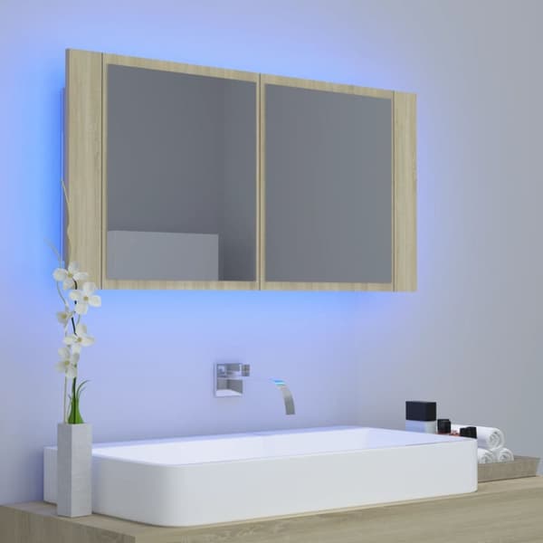 vidaXL Kylpyhuoneen LED peilikaappi Sonoma-tammi 90x12x45 cm akryyli -  Kylpyhuoneen kampauspöydät