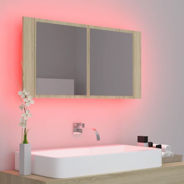 vidaXL Kylpyhuoneen LED peilikaappi Sonoma-tammi 90x12x45 cm akryyli -  Kylpyhuoneen kampauspöydät
