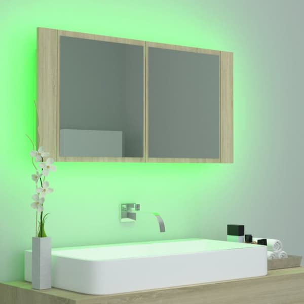 vidaXL Kylpyhuoneen LED peilikaappi Sonoma-tammi 90x12x45 cm akryyli -  Kylpyhuoneen kampauspöydät
