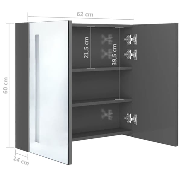 vidaXL Badrumsskåp med spegel LED grå högglans 62x14x60 cm - Badrumsunderskåp