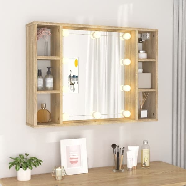 vidaXL spejlskab med LED-lys 76x15x55 cm sonoma-eg -  Badeværelsesborde