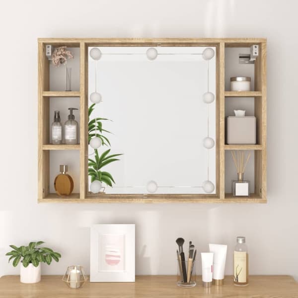 vidaXL spejlskab med LED-lys 76x15x55 cm sonoma-eg -  Badeværelsesborde