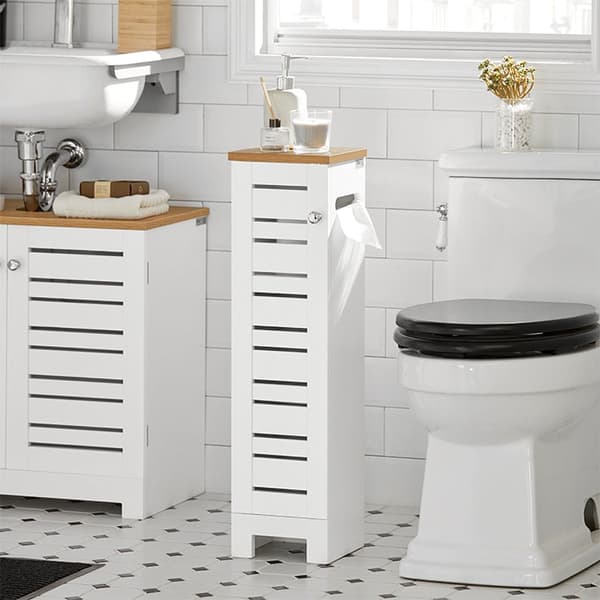 Rootz smalt toalettpappersskåp - Badrumsförvaring - Space Saver - MDF-konstruktion - Mögelbeständig - Luftgenomsläppliga lameller - 20cm x 79cm x 18cm