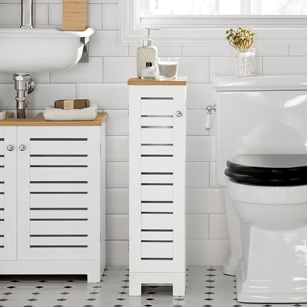 Rootz smalt toalettpappersskåp - Badrumsförvaring - Space Saver - MDF-konstruktion - Mögelbeständig - Luftgenomsläppliga lameller - 20cm x 79cm x 18cm