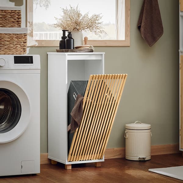 Rootz-pesukaappi taitettavalla pussilla - Pyykinkeräin - Kylpyhuoneen säilytys - Kestävä bambu- ja MDF-rakenne - Helppo kuljettaa -kahvat - 32 cm x 85