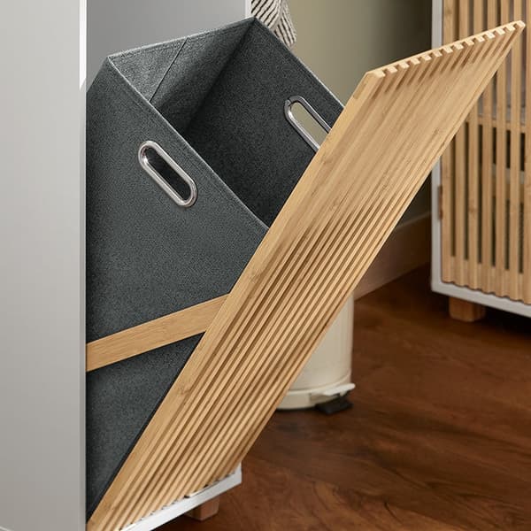 Rootz-pesukaappi taitettavalla pussilla - Pyykinkeräin - Kylpyhuoneen säilytys - Kestävä bambu- ja MDF-rakenne - Helppo kuljettaa -kahvat - 32 cm x 85