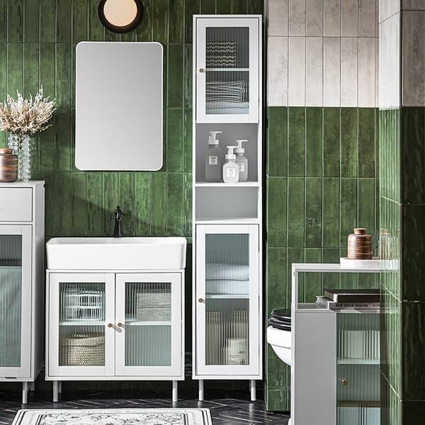 Rootz Tall Kylpyhuonekaappi - Säilytysjärjestelmä - Lasiovikaappi - Säädettävät hyllyt - Vedenkestävät metallijalat - MDF ja lasi - 30cm x 171cm x 30c