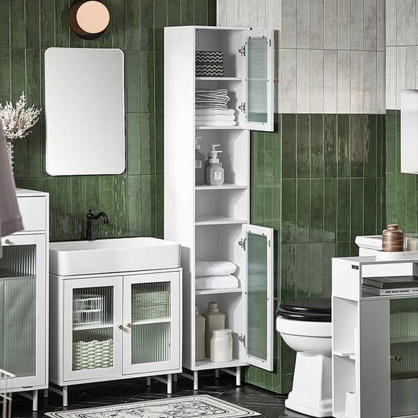 Rootz Tall Kylpyhuonekaappi - Säilytysjärjestelmä - Lasiovikaappi - Säädettävät hyllyt - Vedenkestävät metallijalat - MDF ja lasi - 30cm x 171cm x 30c