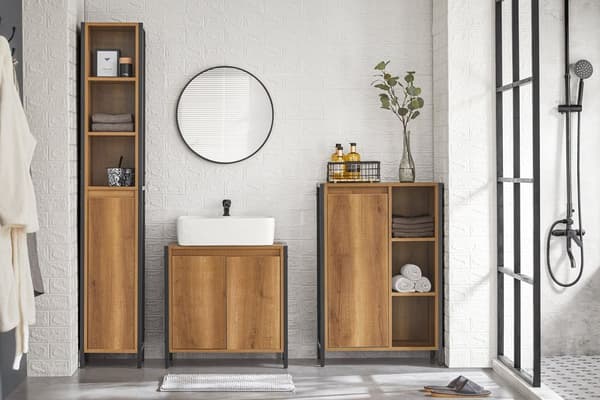 Rootz Tall Kylpyhuonekaappi - Säilytysjärjestelmä - Kylpyhuoneen hylly - Vintage Design - Tukeva metallirunko - Seinäkiinnitys - Säädettävät jalat - 3