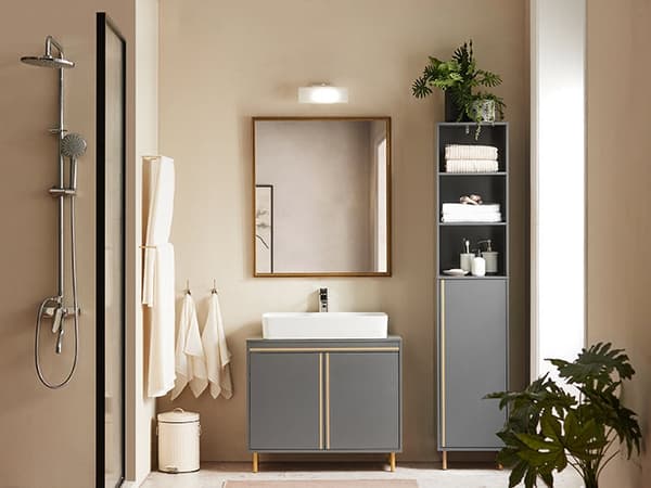 Rootz Modern Vask Underskab - Badeværelsesvask - Opbevaringsorganisator - Stilfuld grå og guld finish - Rummeligt interiør - Nem montering - 75 cm x 6