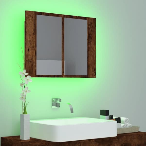 The Living Store Spegelskåp med LED rökfärgad ek 80x20,5x64 cm konstruerat trä -  Badrumsunderskåp