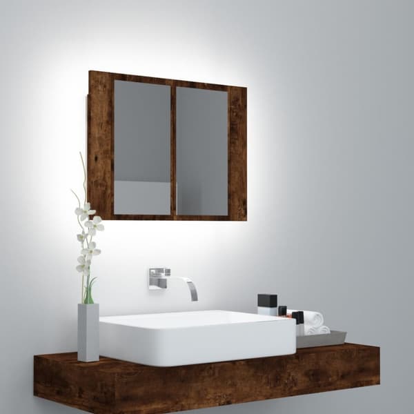 The Living Store Spegelskåp med LED rökfärgad ek 80x20,5x64 cm konstruerat trä -  Badrumsunderskåp