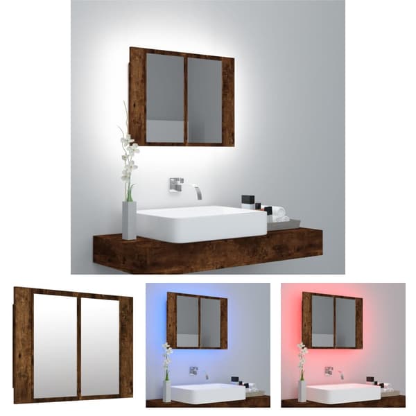 The Living Store Spegelskåp med LED rökfärgad ek 80x20,5x64 cm konstruerat trä -  Badrumsunderskåp