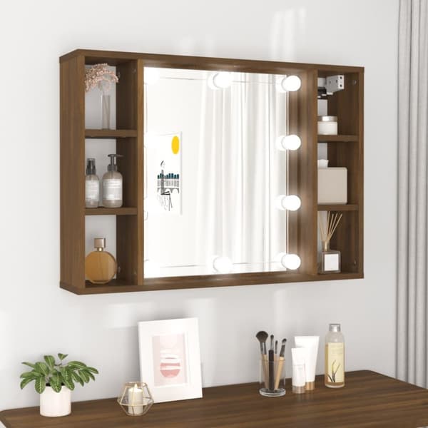 The Living Store Spegelskåp med LED brun ek 76x15x55 cm - Badrumsunderskåp