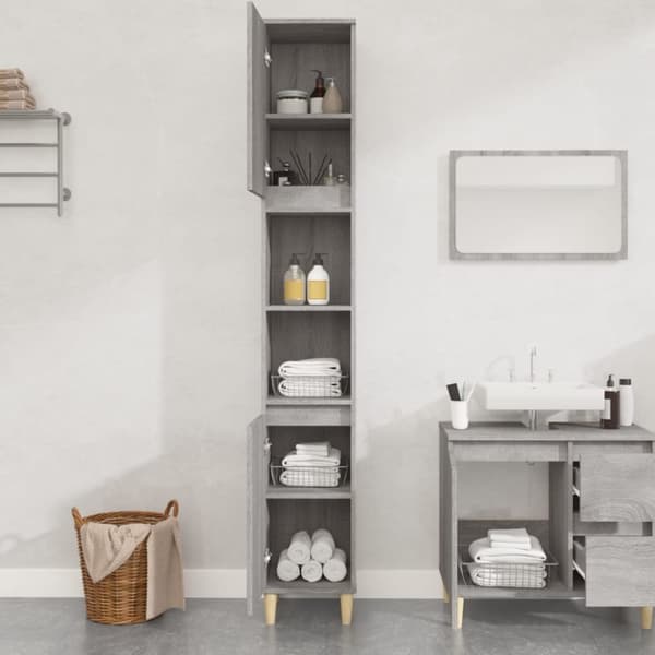 The Living Store badeværelsesskab 30x30x190 cm konstrueret træ grå sonoma-eg -  Badeværelsesborde