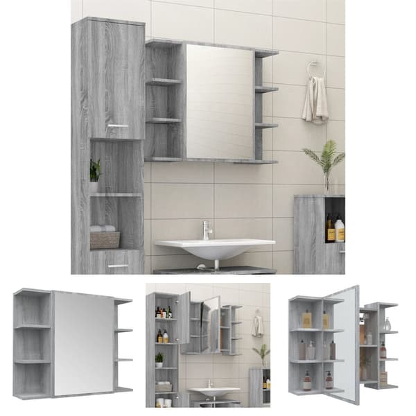 The Living Store skab med spejl 80x20,5x64 cm konstrueret træ grå sonoma-eg -  Badeværelsesborde