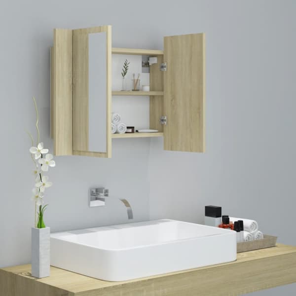 Badeværelsesskab m. Spejl og LED-lys 60x12x45cm akryl sonoma-eg - LED-spejlskab - LED-spejlskabe - Home & Living