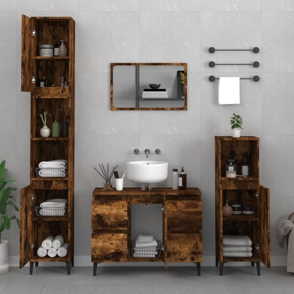 Tvättställsskåp rökfärgad ek 80x33x60 cm konstruerat trä - Underskåp - Badrumsunderskåp - Home & Living