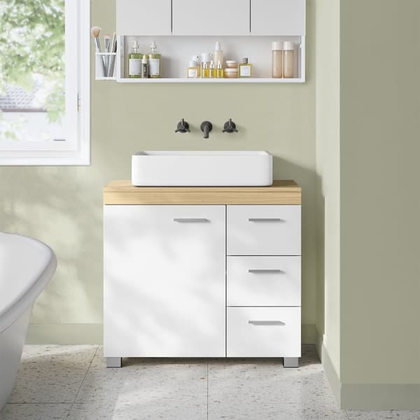 Rootz MDF Diskbänk Underskåp - Badrumsskåp - Förvaringsenhet - Moln Vit-Naturlig Beige - Medium Density Fiberboard - 30cm x 70cm x 64cm - 20cm x 15cm
