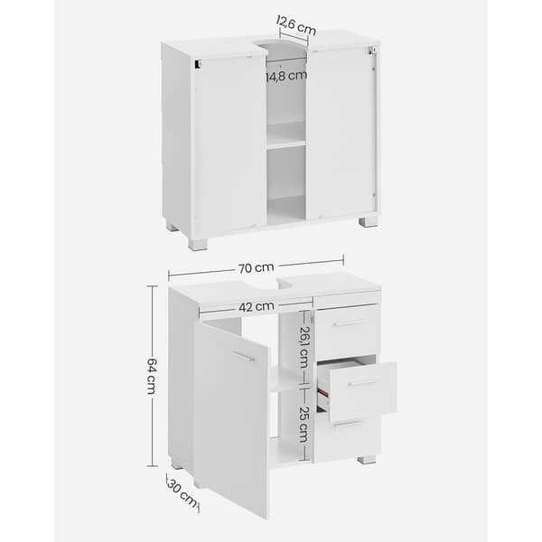 Valkoinen Rootz pesuallaskaappi - Kylpyhuoneen turhamaisuus - Säilytysyksikkö - MDF-rakenne - Metallikahvat - 30cm x 70cm x 64cm - 20cm x 15cm Sifonia
