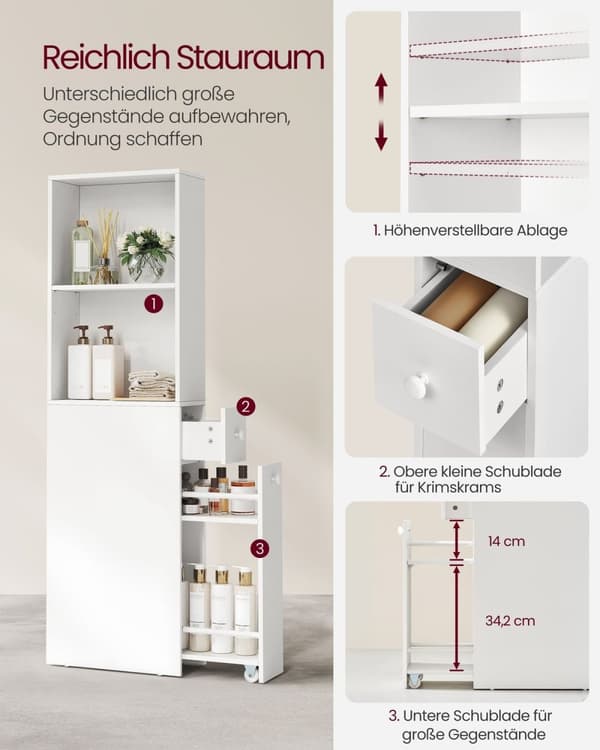 Rootz Badeværelsesskab - Opbevaringsenhed - Spånplader - Klassisk hvid - Rummeligt design - Nem montering - Anti-Tip funktion - 40 cm x 18 cm x 134,4