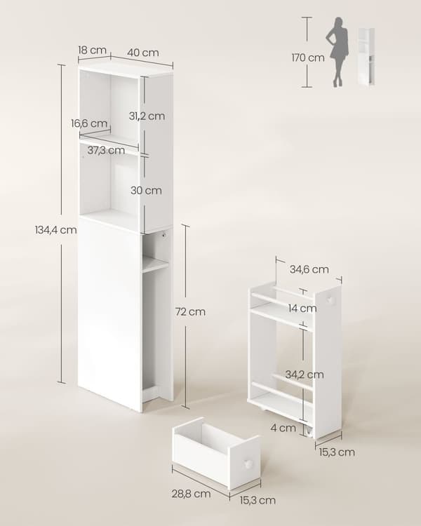 Rootz Badeværelsesskab - Opbevaringsenhed - Spånplader - Klassisk hvid - Rummeligt design - Nem montering - Anti-Tip funktion - 40 cm x 18 cm x 134,4