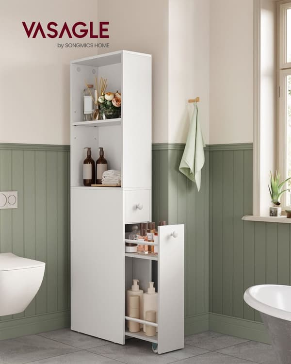 Rootz Badeværelsesskab - Opbevaringsenhed - Spånplader - Klassisk hvid - Rummeligt design - Nem montering - Anti-Tip funktion - 40 cm x 18 cm x 134,4