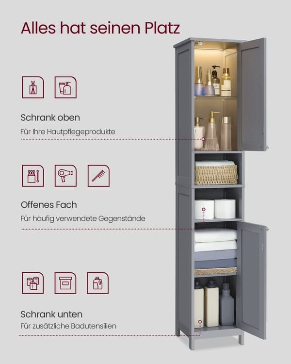 Rootz Dove Grey Badeværelsesskab - Opbevaringsorganisator - MDF-møbler - Justerbare hylder - 30cm x 30cm x 170cm