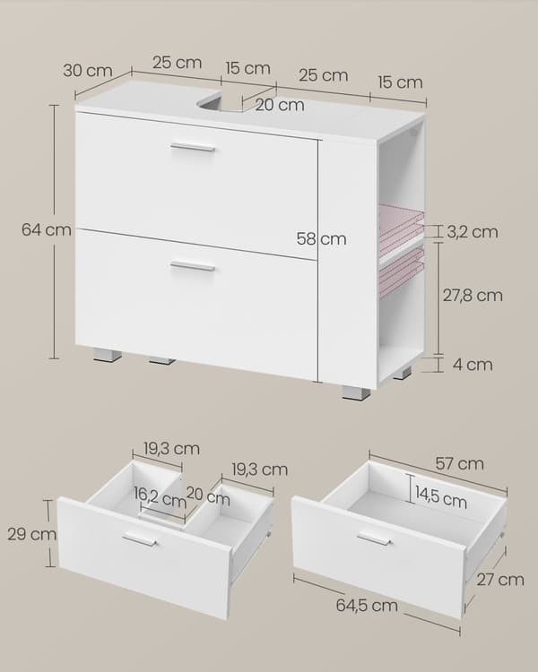 Rootz Cloud White MDF Vask Underskab - Badeværelsesvask - Opbevaringsenhed - Rummeligt interiør - Nem montering - 30 cm x 80 cm x 64 cm