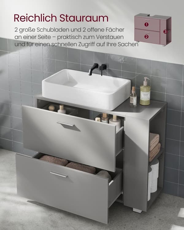 Rootz Dove Grey MDF Diskbänk Underskåp - Badrumsskåp - Förvaringsenhet - Rymlig interiör - Enkel montering - 30cm x 80cm x 64cm