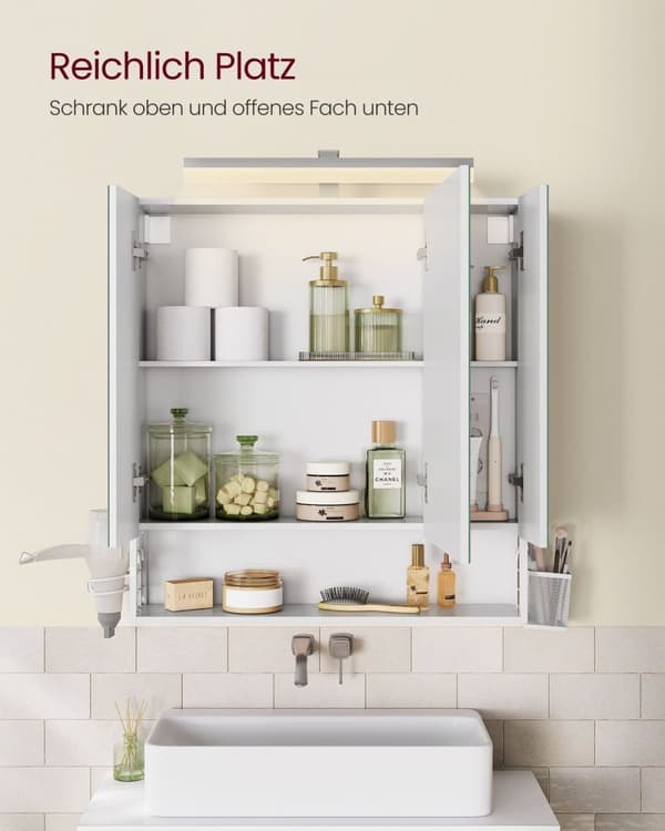 Rootz Badrumsskåp - Förvaringsenhet - Organizer - Spånskiva - MDF - Metall - Glasspegel - 16,5 cm x 70 cm x 75 cm - Molnvit - 20 kg Kapacitet